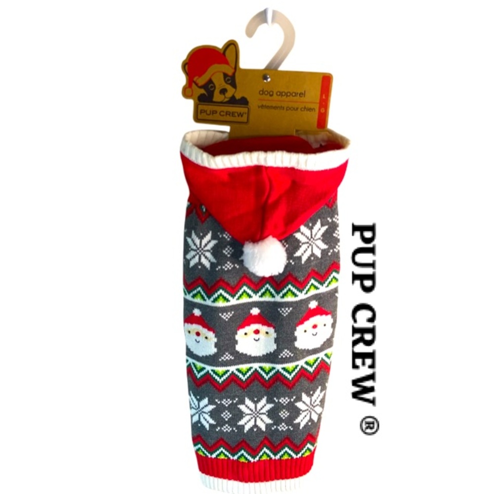 PUP CREW Christmas Santa Face Knitted Hoodie Sweater Size Large